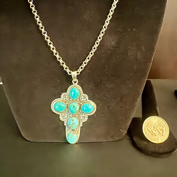 Genuine, Turquoise and Sterling, Silver Cross Pendant Necklace. ‎ With chain. - Picture 4 of 5